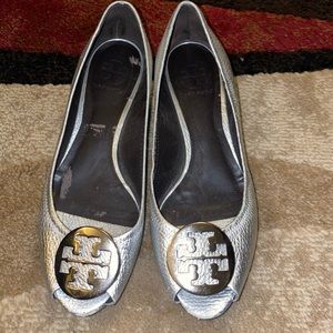 Silver Tory Burch peep toe wedge